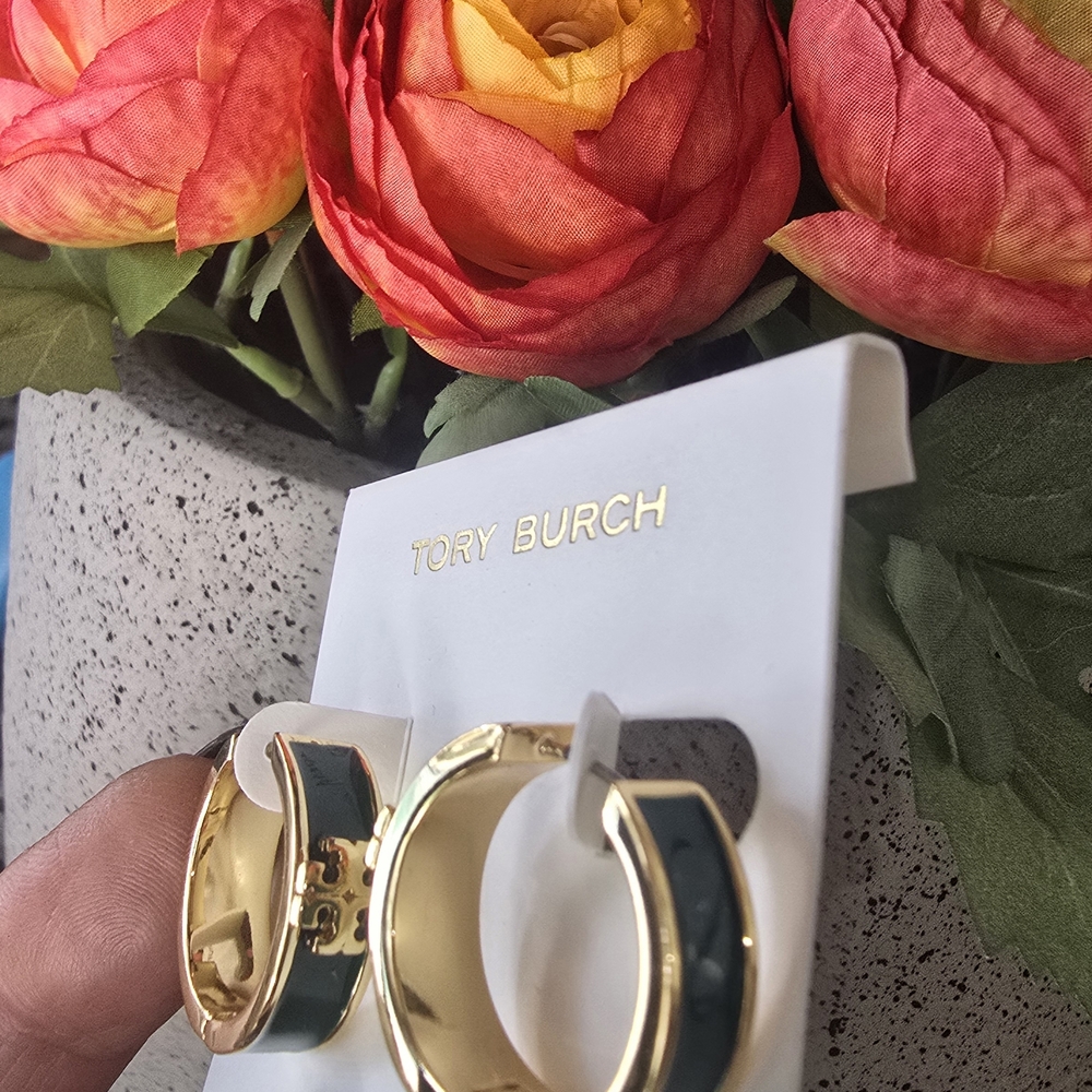 Tory Burch Gold and Dark Green Hoop Earrings - Picture 2 of 4